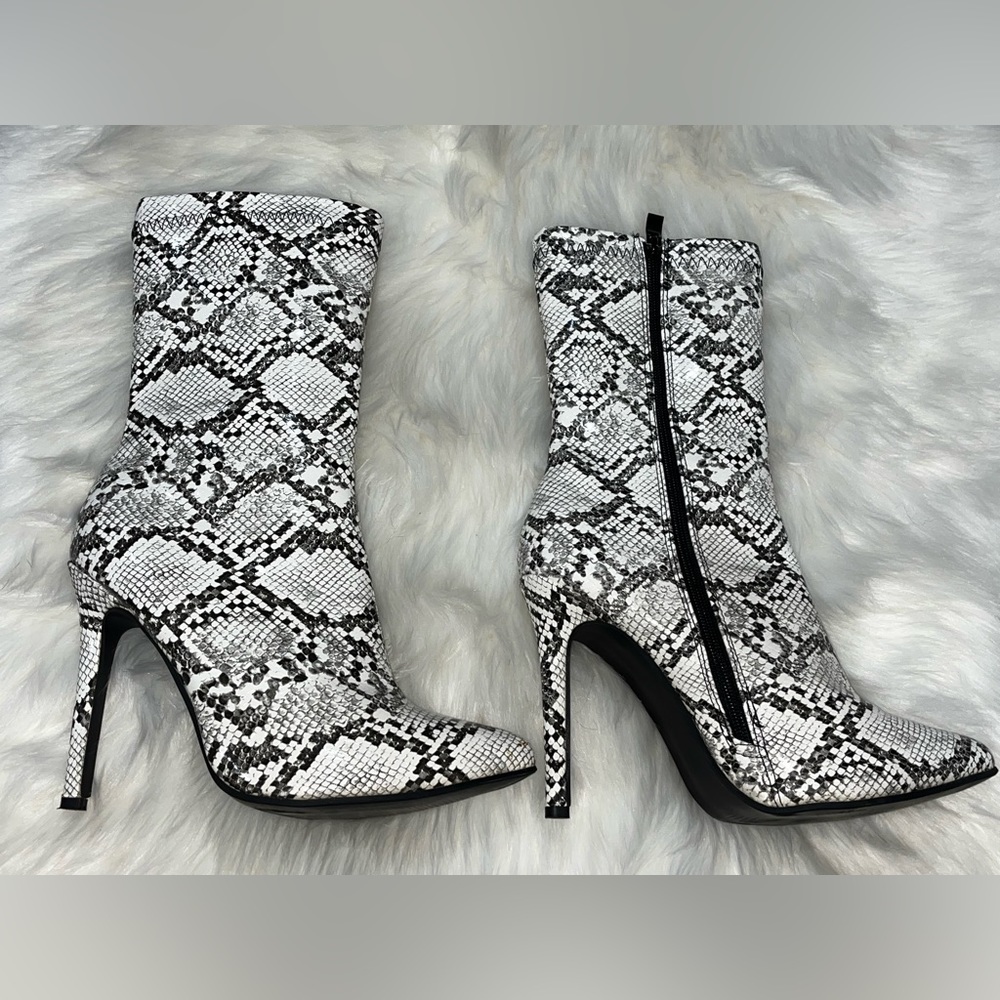 Faux Snake Print Heeled Booties, Size: 8